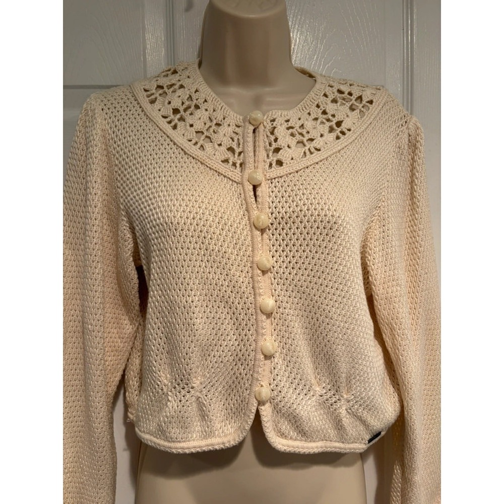 Geiger Austria Ivory Cotton Crochet Collar Cardigan Sweater Cottagecore Sz 38